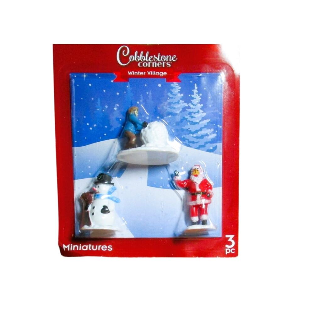 Mini Winter Village Set Cobblestone Corners Santa, Snowman & Snowball Figurines